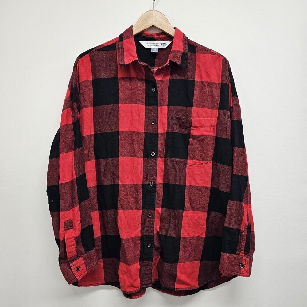 Old Navy Women "The Boyfriend Shirt" Red Buffalo Check Plaid Button Up Size XL